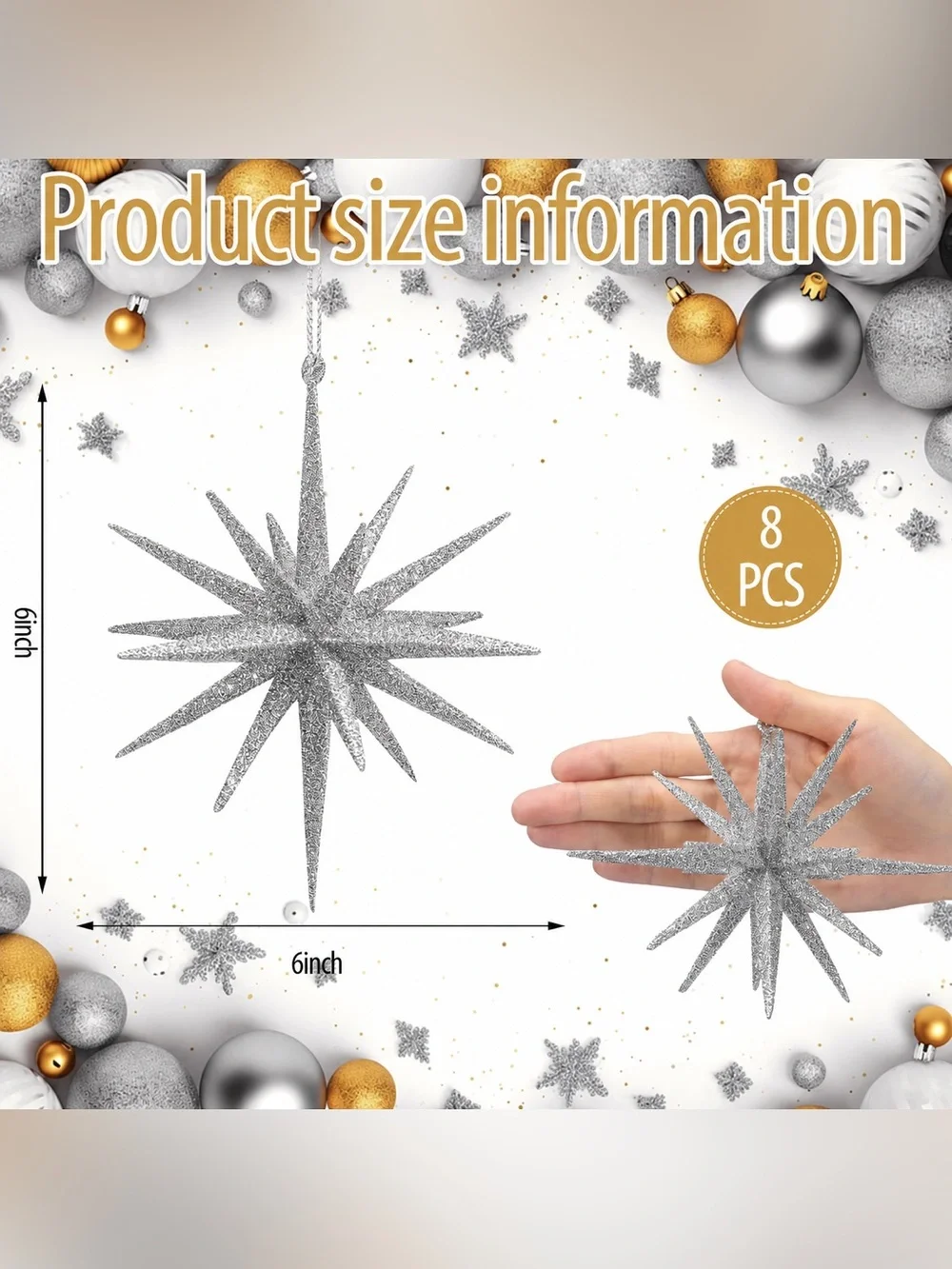 Glitter Silver Starburst Holiday Ornaments - 8 Piece NEW IN BOX     🎄🩶🎄6”